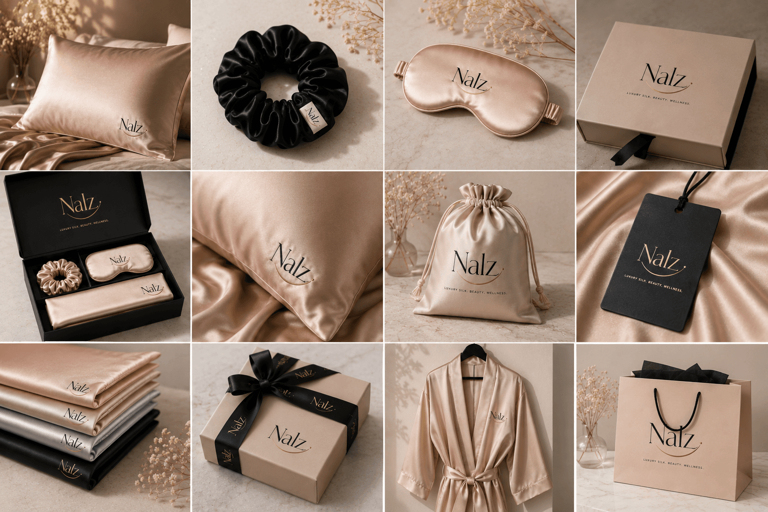 Building a custom Nalz silk gift set — pillowcase, sleep mask, scrunchie and dust pouch