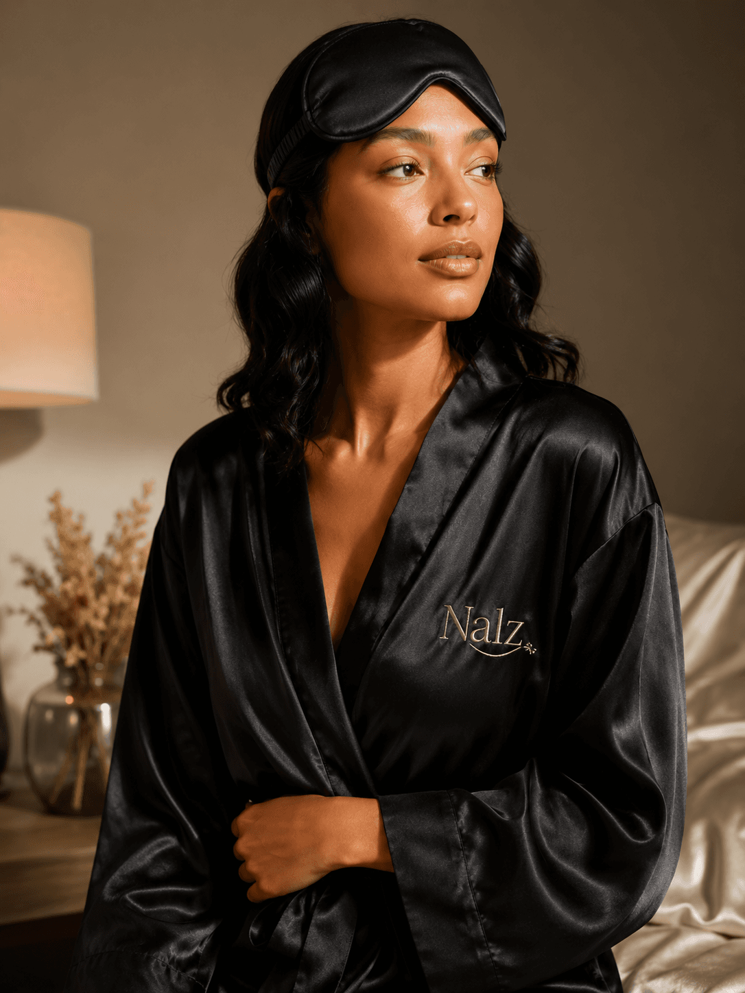 Nalz silk pieces styled on model — noir silk robe and embroidered sleep mask