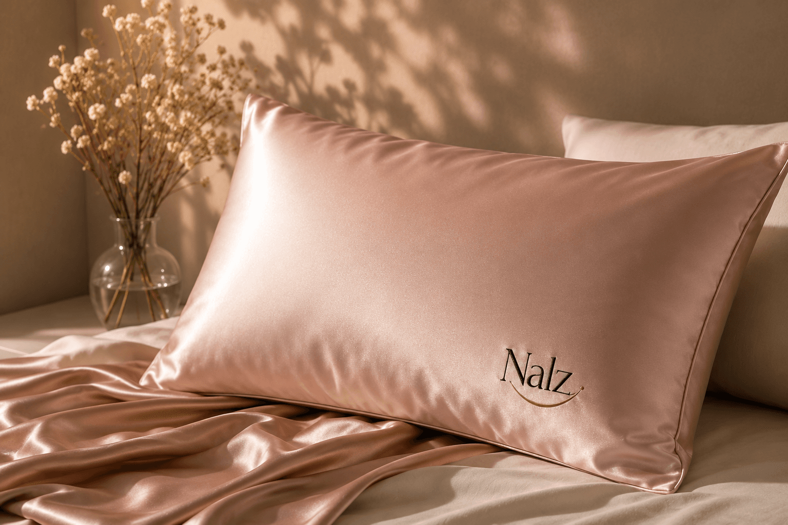 Nalz signature silk pillowcase in blush, photographed on linen bedding in editorial natural light