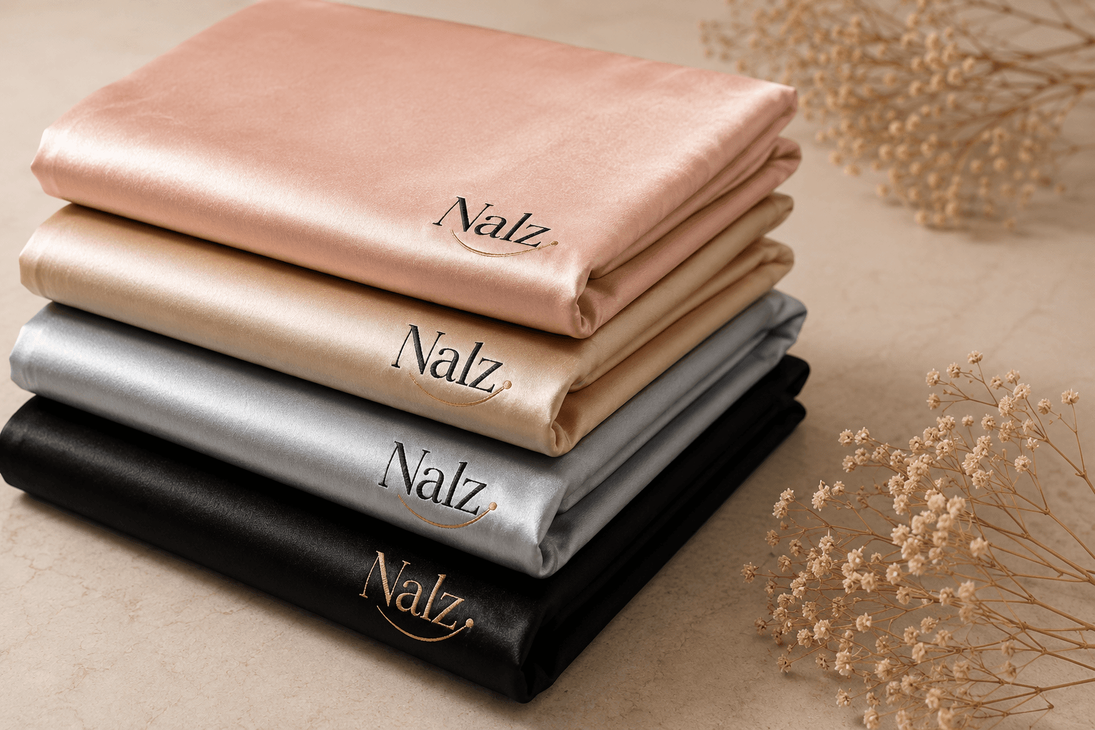 Nalz silk pillowcases in all four colourways — blush, champagne, silver and noir